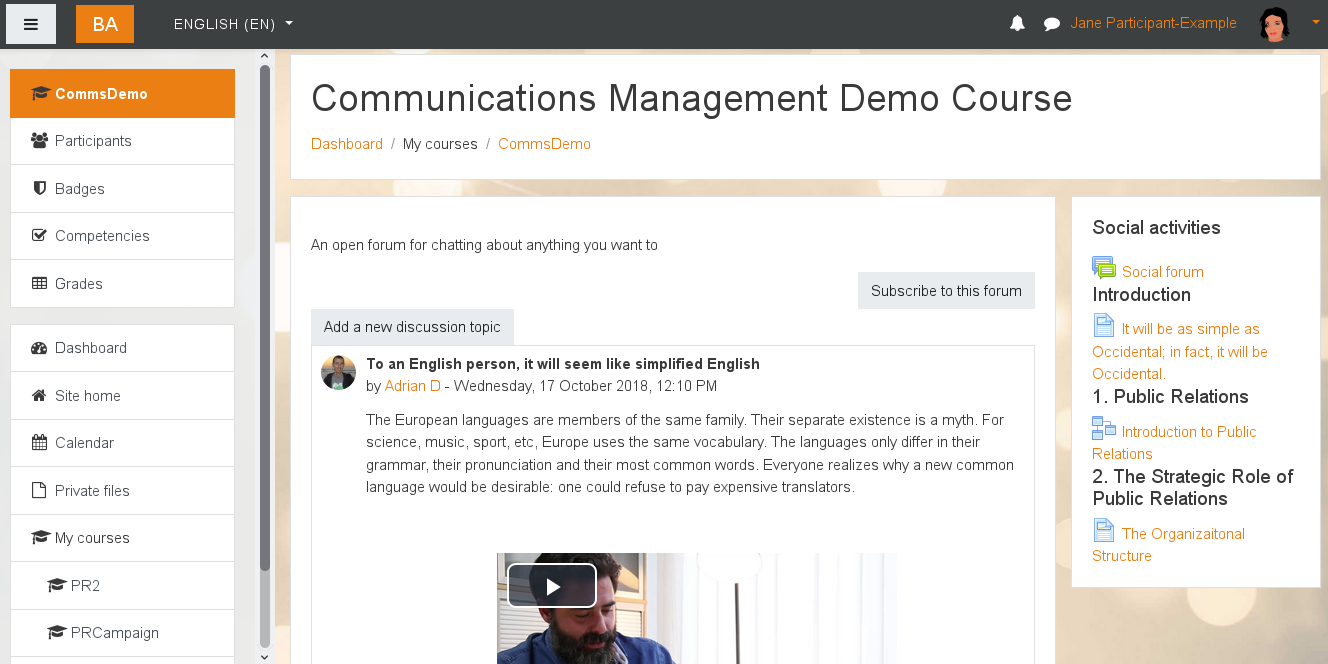 Moodle course homepage